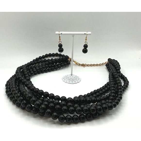 Black Multi-Strand Beaded Necklace & Matching Dangle Earrings Set With Gold-Tone - Picture 3 of 6